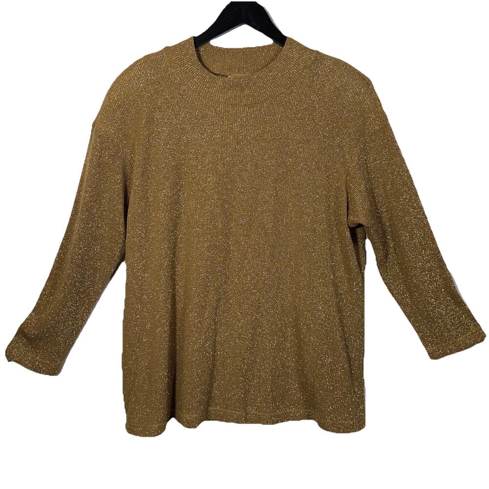 Metallic Gold Sweater Mockneck Pullover Jumper XL 1980s USA Made Glitter Holiday